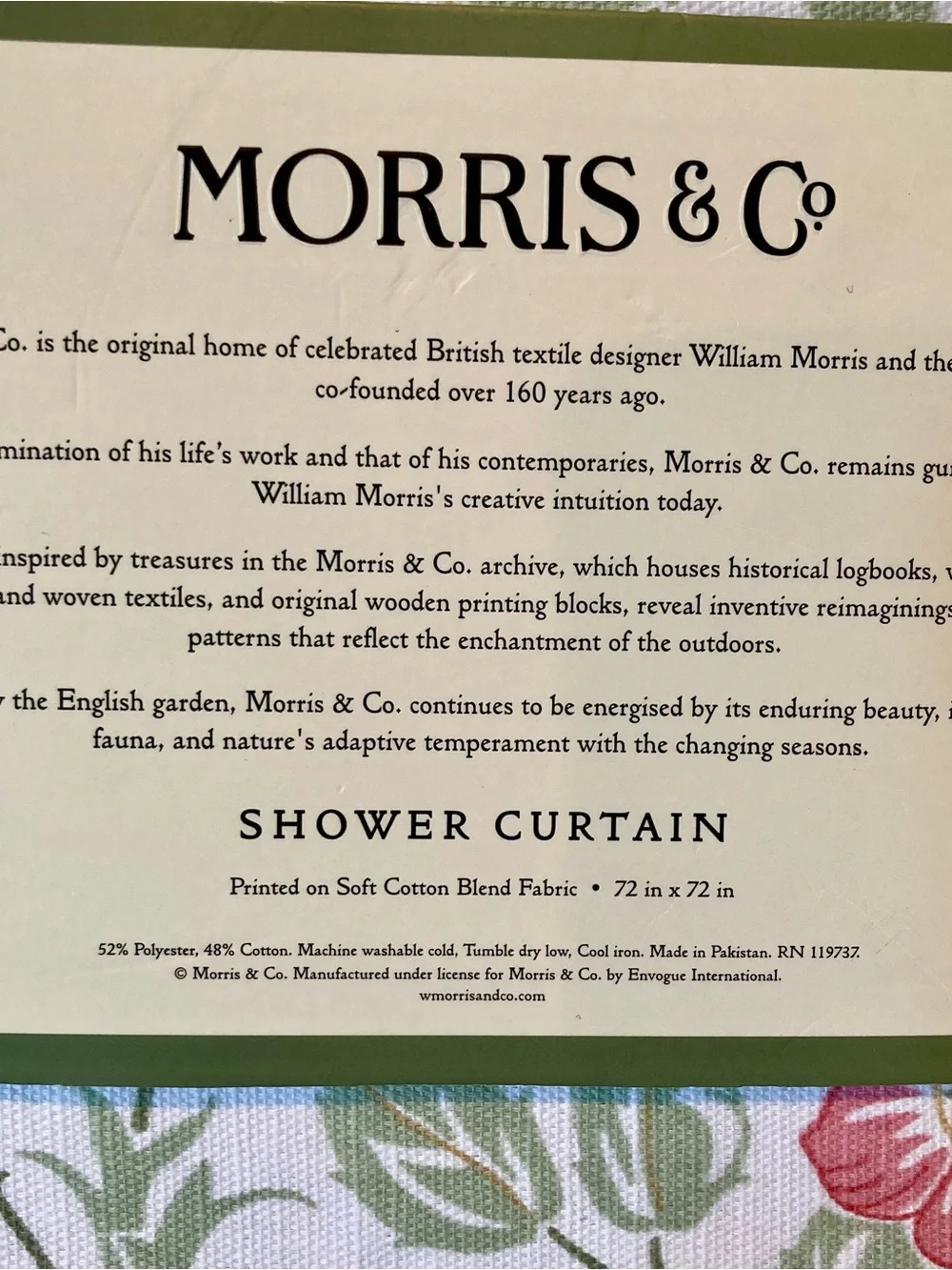 NWT Morris and Company brand 72” x 72” shower curtain in Sweet Briar pattern